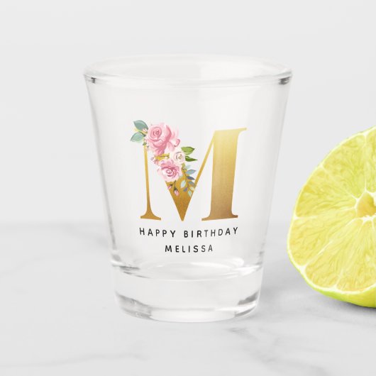 Aangepaste bloeminitialen Veel Geluk Shot Glas (Voorkant)