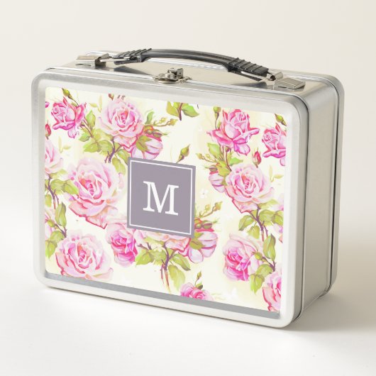 Aangepaste bloemmotief Oude Rozen Monogram Lunchbo (Voorkant)