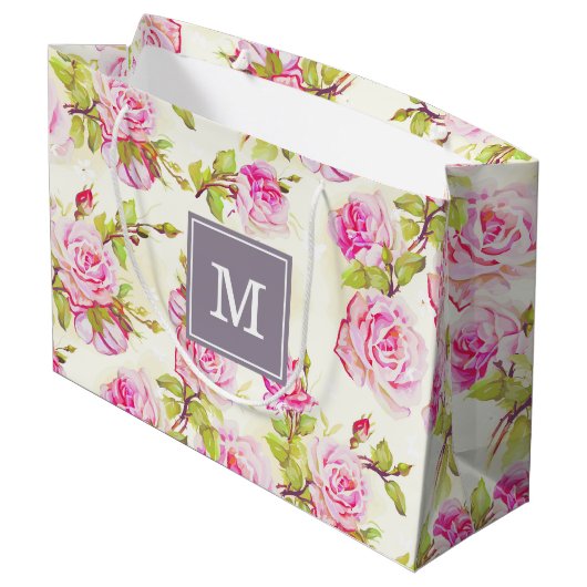 Aangepaste Bloempatroon Oude Roos Monogram L Gift  Large Cadeautasje (Achterkant Gekanteld)