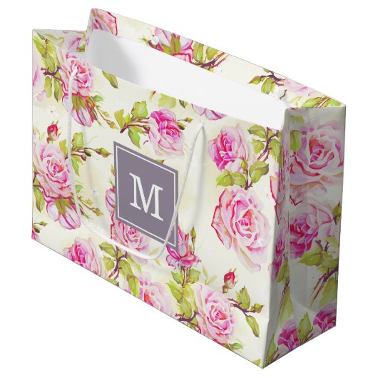 Aangepaste Bloempatroon Oude Roos Monogram L Gift  Large Cadeautasje (Voorkant Gekanteld)