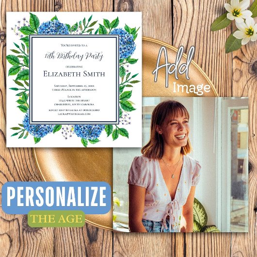 Aangepaste bloemstuk blauwe Hydrangea foto verjaar Kaart