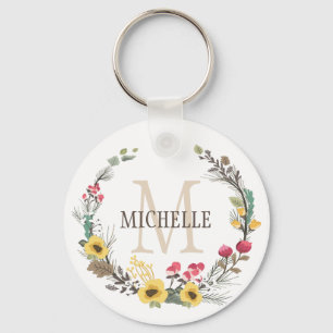 Aangepaste bloesems van Floral Monogram Woodland Sleutelhanger
