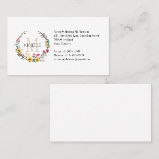 Aangepaste bloesems van Floral Monogram Woodland Visitekaartje (Voorkant / Achterkant)