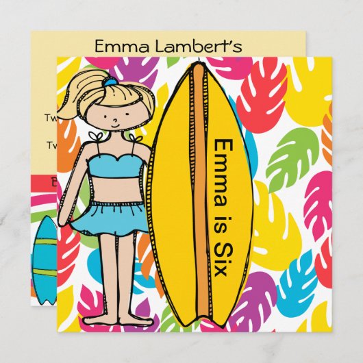Aangepaste blond meisje Surfer Birthday Invites Kaart (Voorkant / Achterkant)