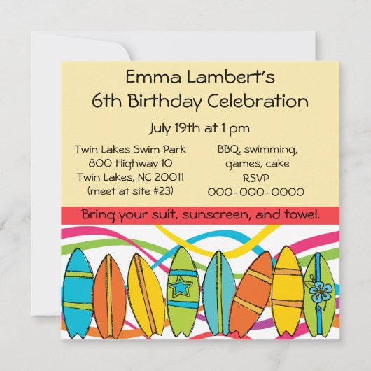 Aangepaste blond meisje Surfer Birthday Invites Kaart (Achterkant)