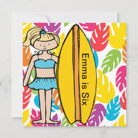 Aangepaste blond meisje Surfer Birthday Invites Kaart (Voorkant)
