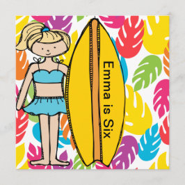 Aangepaste blond meisje Surfer Birthday Invites Kaart