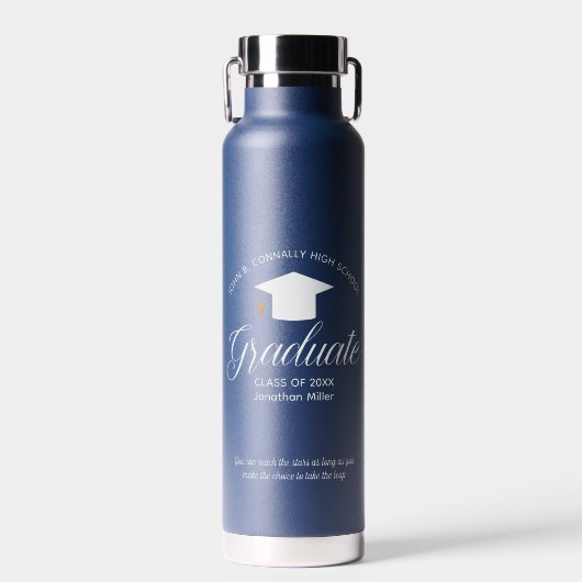 Aangepaste Blue Afstuderen Klasse van 2025 Keepsak Waterfles (Voorkant)