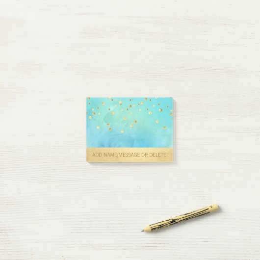 Aangepaste Blue Aqua Waterverf Faux Gold Foil Post-it® Notes (Op bureau)