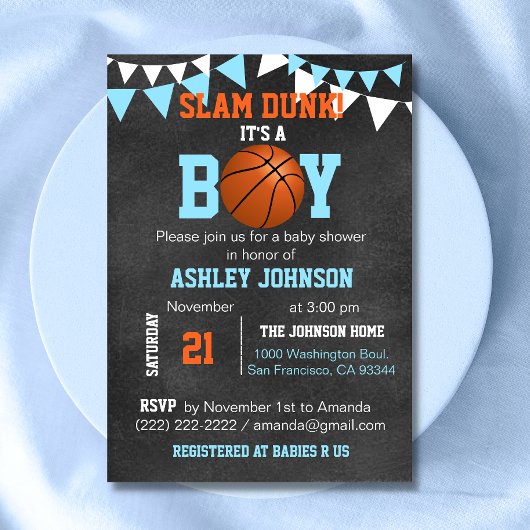 Aangepaste Blue Boy Basketball Baby Shower-uitnodi Kaart
