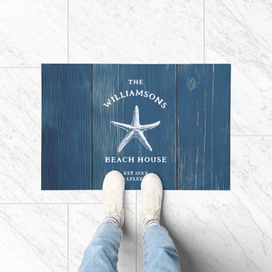 Aangepaste Blue Coastal Starfish Beach House Deurmat (Binnen)