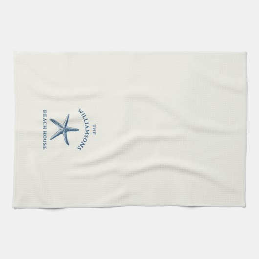 Aangepaste Blue Coastal Starfish Beach House Theedoek (Horizontaal)