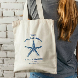 Aangepaste Blue Coastal Starfish Beach House Tote Bag