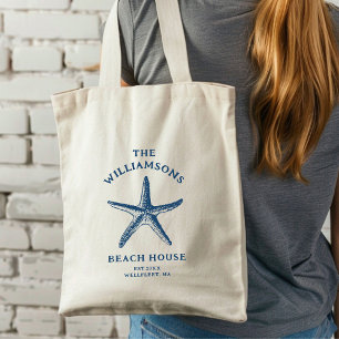 Aangepaste Blue Coastal Starfish Beach House Tote Bag