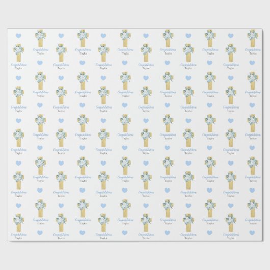 Aangepaste Blue Cross Boy Baptisme Communie Cadeaupapier (Vlak)