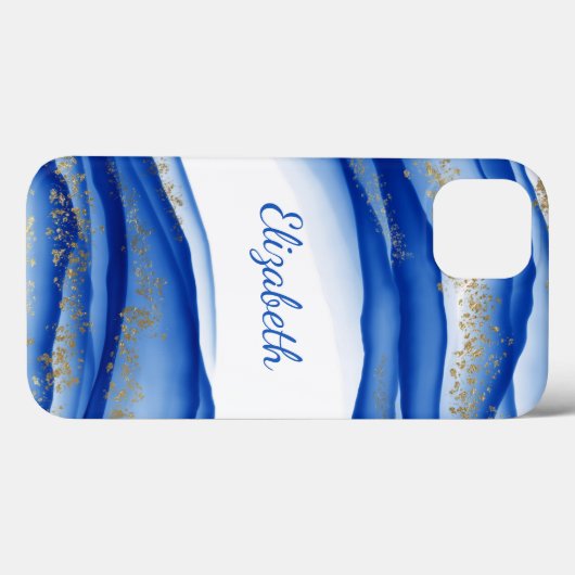 Aangepaste Blue Gold White Ink Swirl Waterverf Case-Mate iPhone Case (Achterkant (horizontaal))