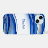 Aangepaste Blue Gold White Ink Swirl Waterverf iPhone 15 Case (Achterkant horizontaal)