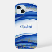 Aangepaste Blue Gold White Ink Swirl Waterverf iPhone 15 Case (Achterkant)