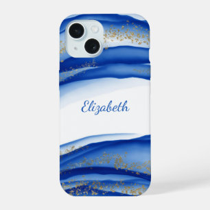 Aangepaste Blue Gold White Ink Swirl Waterverf iPhone 15 Case