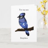 Aangepaste Blue Jay voor mijn zoon Birthday Kaart (Gele Bloem)