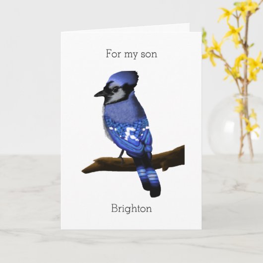 Aangepaste Blue Jay voor mijn zoon Birthday Kaart (Gele Bloem)