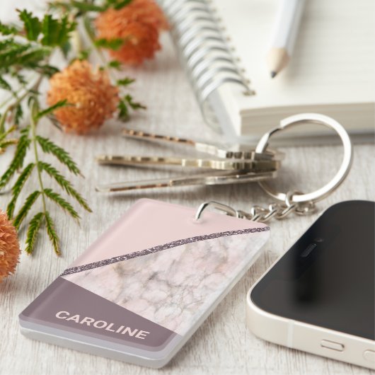 Aangepaste Blush Mauve Roze Glitter Stripes Patroo Sleutelhanger (Voorkant Rechts)