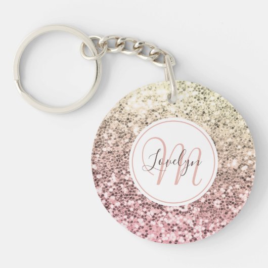 Aangepaste Blush roze glitter Unicorn Monogramnaam Sleutelhanger (Voorkant)