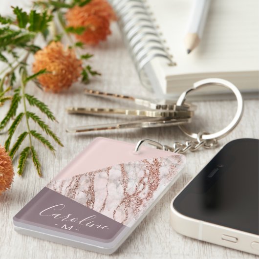 Aangepaste Blush Roze Rose Goud Gemarmerd Kunstpat Sleutelhanger (Voorkant Rechts)