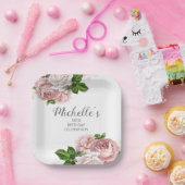 Aangepaste Blush roze Waterverf Floral Birthday Papieren Bordje (Feest)