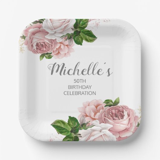 Aangepaste Blush roze Waterverf Floral Birthday Papieren Bordje (Voorkant)