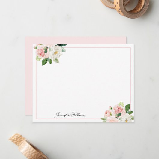 Aangepaste Blush roze Waterverf Floral Notitiekaartje (Voorkant / Achterkant in situ)