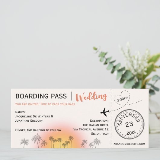 Aangepaste Boarding Pass Tropical Sunset Bruiloft Kaart (Staand voorkant)