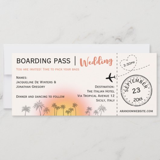 Aangepaste Boarding Pass Tropical Sunset Bruiloft Kaart (Voorkant)