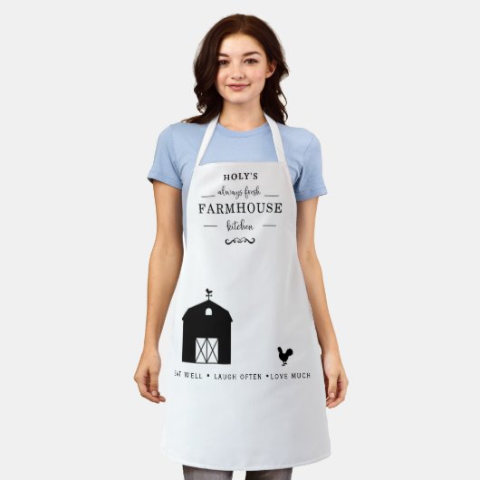 Aangepaste boerderij, schuur en haan zwart en wit schort (Gedragen)