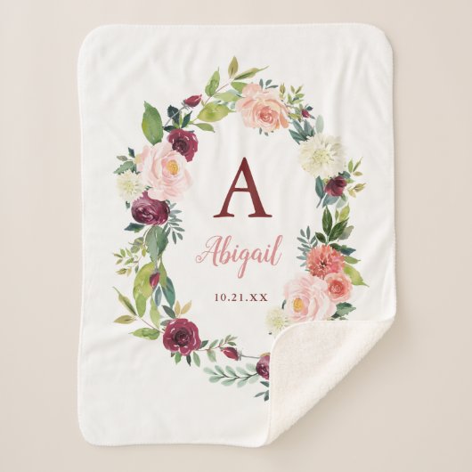 Aangepaste Boho Bloemenkrans Bourgogne Sherpa Deke Sherpa Deken (Voorkant)