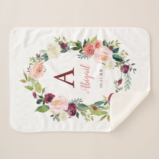 Aangepaste Boho Bloemenkrans Bourgogne Sherpa Deke Sherpa Deken (Voorkant (horizontaal))