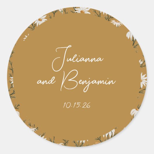 Aangepaste Boho Bloemige Gele Script Namen Trouw C Ronde Sticker (Voorkant)