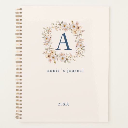 Aangepaste Boho Bloemige Monogram Beige Planner (Voorkant)
