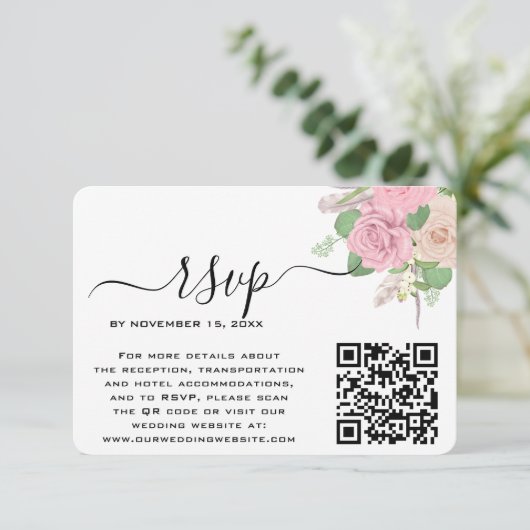 Aangepaste Boho Huwelijk QR Code RSVP  Kaartje (Staand voorkant)