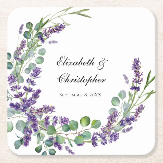 Aangepaste Boho Lavendel Eucalyptus Bruiloft Kartonnen Onderzetters (Voorkant)