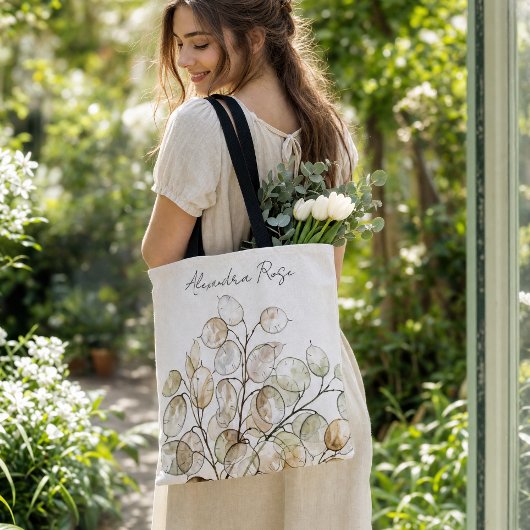 Aangepaste Boho Lunaria Waterverf Botanische Bloem Tote Bag