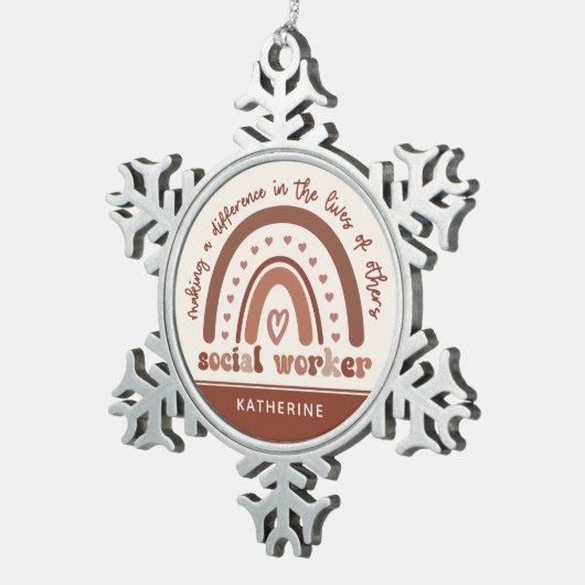Aangepaste Boho Rainbow Social Worker-waardering Tin Sneeuwvlok Ornament (Rechts)