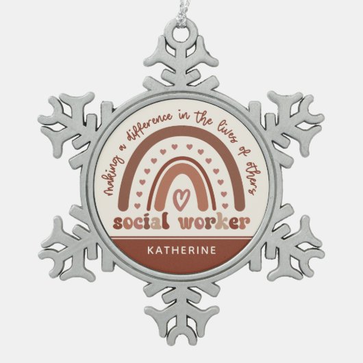 Aangepaste Boho Rainbow Social Worker-waardering Tin Sneeuwvlok Ornament (Voorkant)