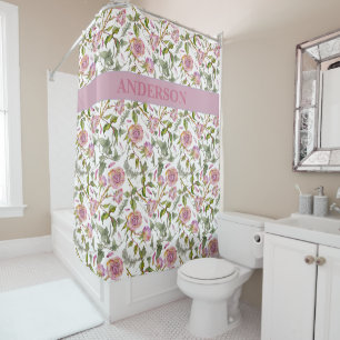 Aangepaste Boho Roze Rozen Bloemen Print Douchegordijn