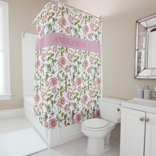 Aangepaste Boho Roze Rozen Bloemen Print Douchegordijn (In situ)