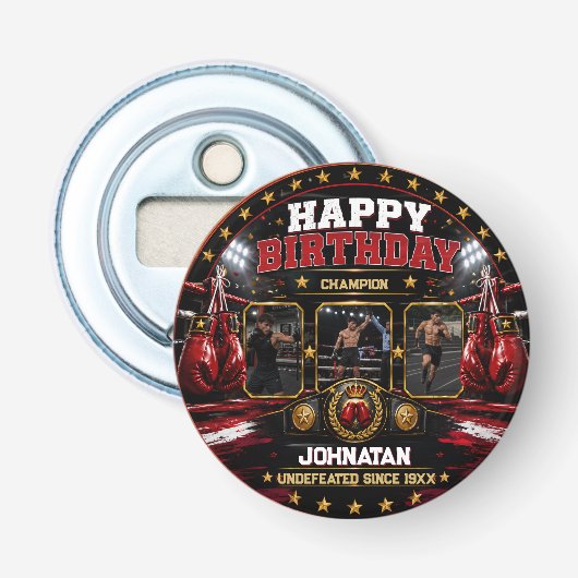 Aangepaste boksen verjaardagsfoto kampioen feest button flesopener (Voorkant)