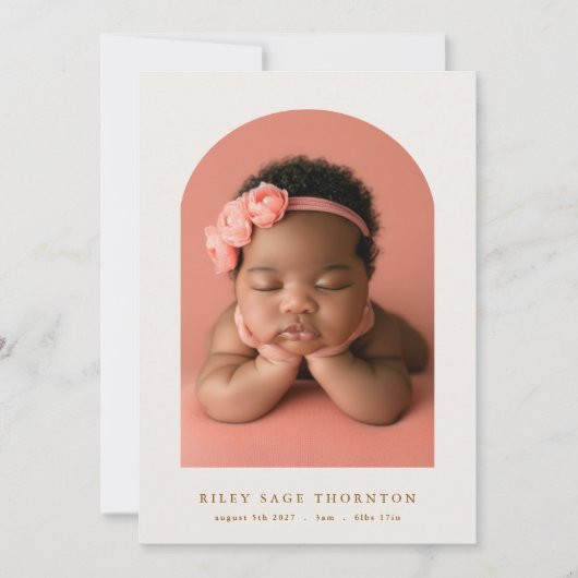 Aangepaste boogfoto Eenvoudige elegante baby geboo Aankondiging (Voorkant)