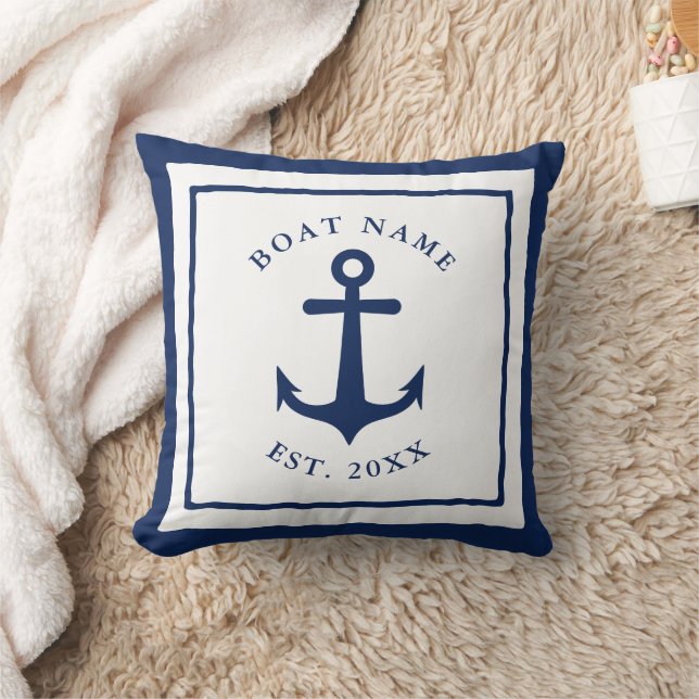 Aangepaste bootnaam Anchor White Navy Blue Nautica Kussen (Deken)