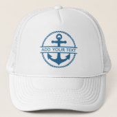 Aangepaste bootnaam Blauwe en witte scheepsanker Trucker Pet (Voorkant)
