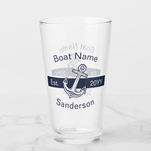 Aangepaste bootnaam Nautical Anchor Navy Blue Whit Glas (Achterkant)